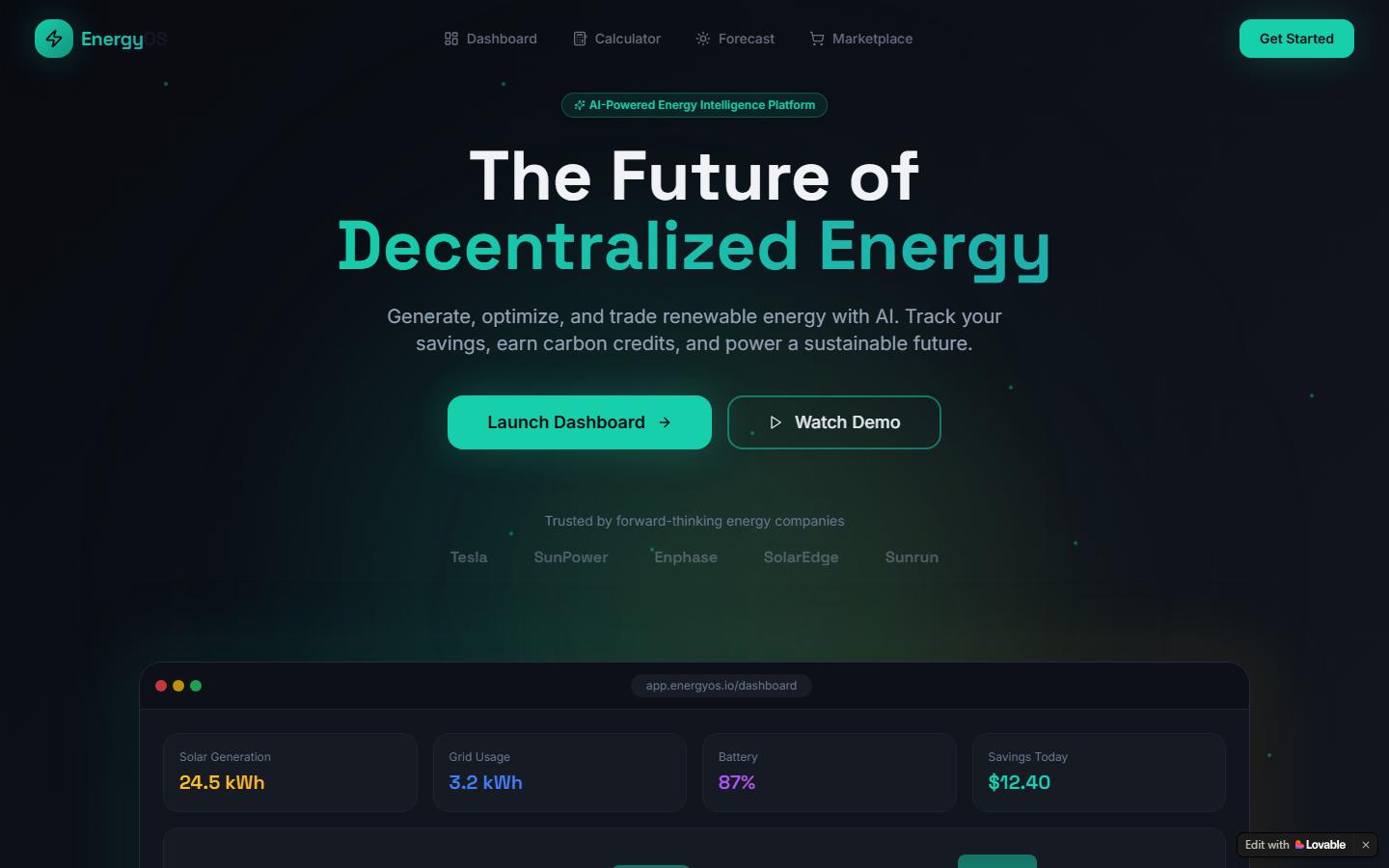 EnergyOS homepage, a decentralized energy intelligence platform