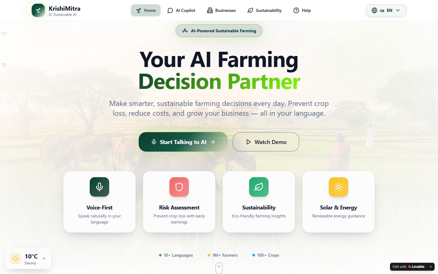 KrishiMitra AI homepage, an AI farming decision partner