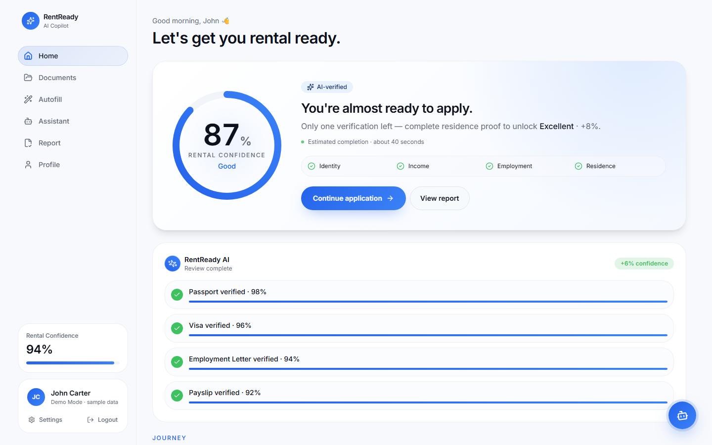 RentReady AI dashboard with a rental confidence score and verified documents