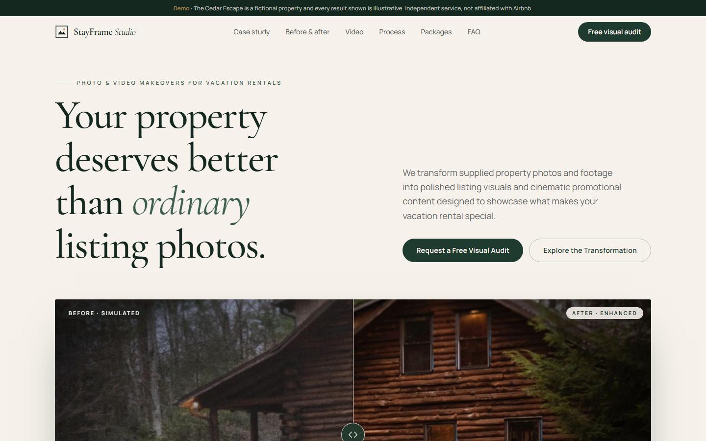 StayFrame Studio concept site for vacation rental photo makeovers